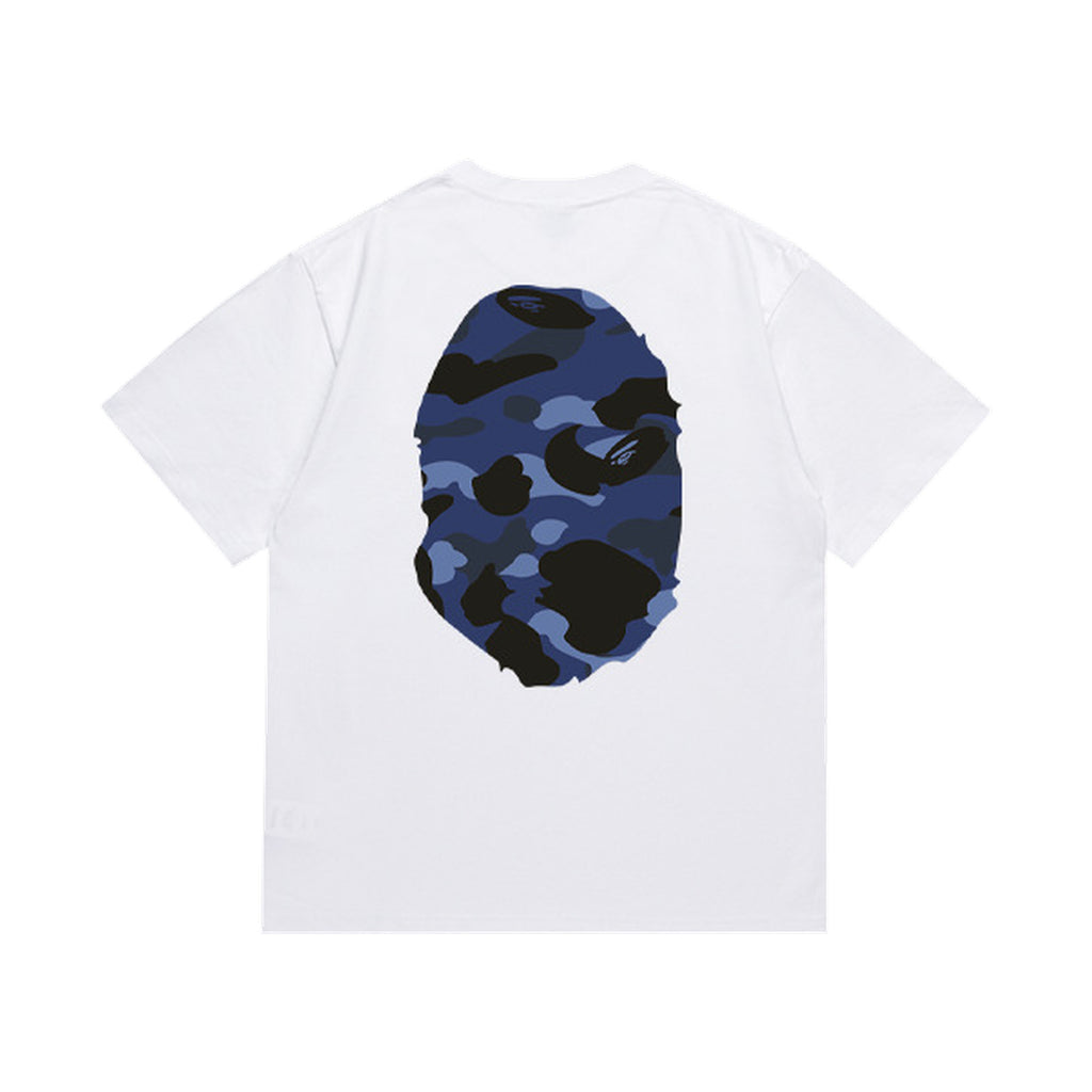 White graphic T-shirt, large blue camouflage ape-head graphics on front and back, back view