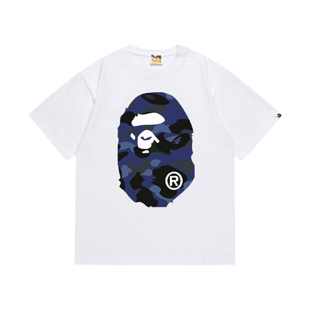 White graphic T-shirt, large blue camouflage ape-head graphics on front and back, front view
