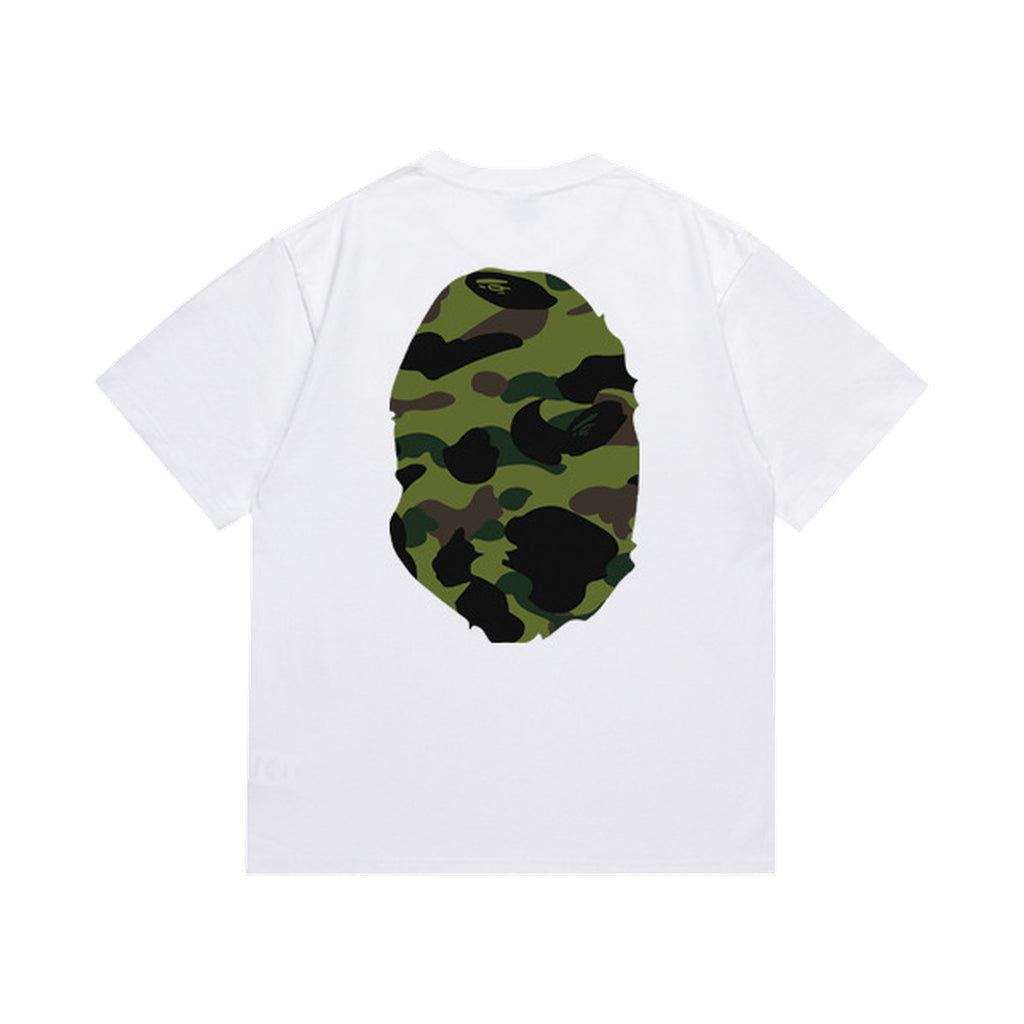White graphic T-shirt, large olive and black camouflage ape-head graphics on front and back, back view