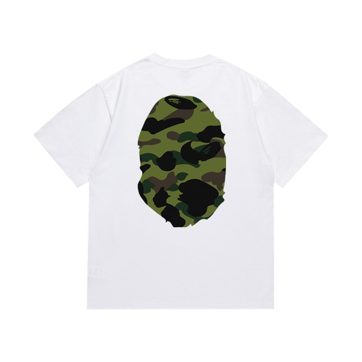 White graphic T-shirt, large olive and black camouflage ape-head graphics on front and back, back view