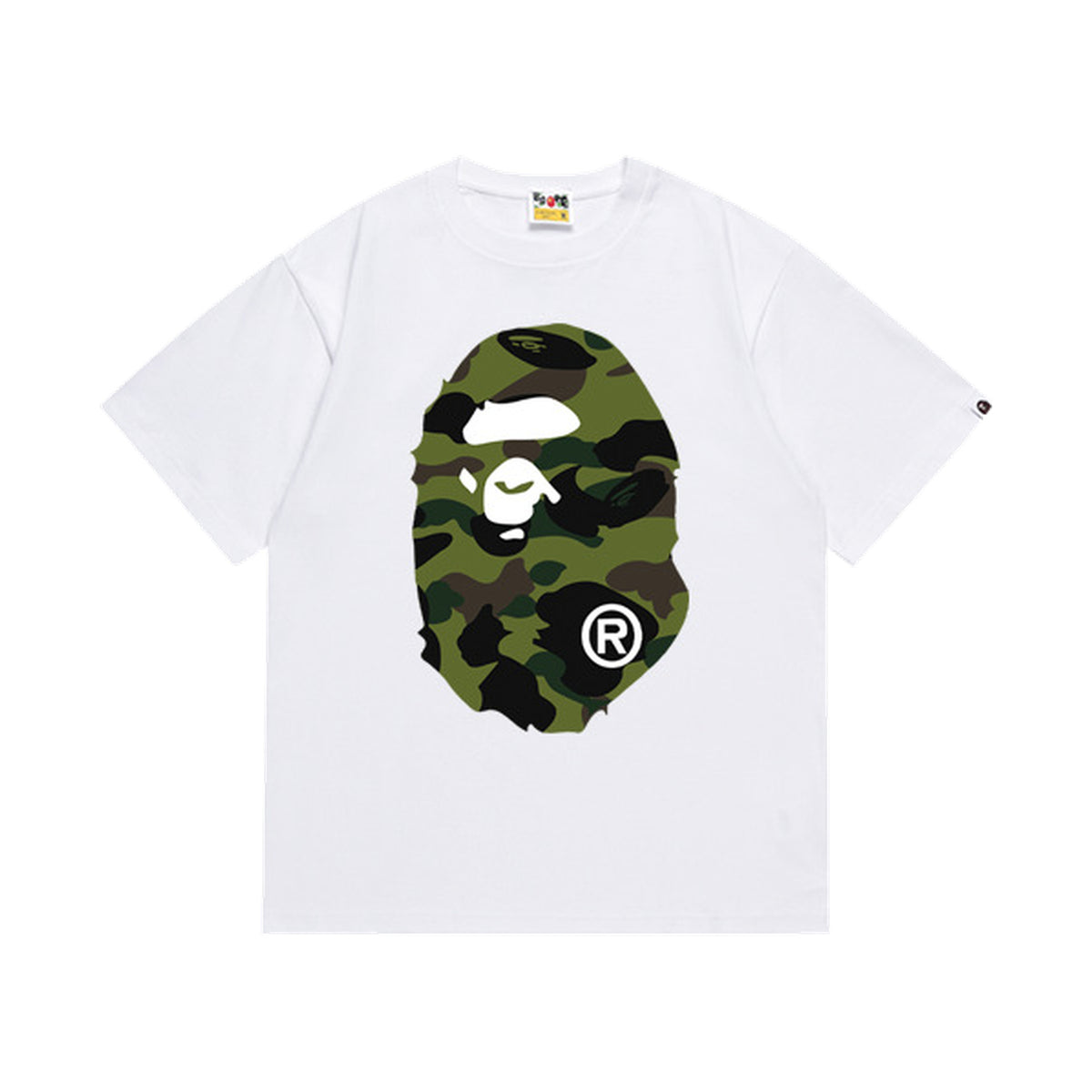 White graphic T-shirt, large olive and black camouflage ape-head graphics on front and back, front view