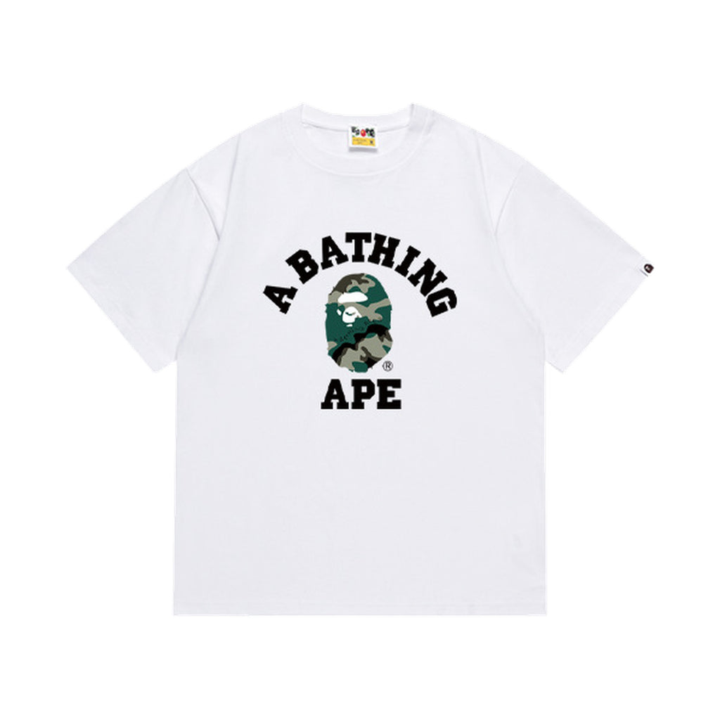 White graphic T-shirt, arched black lettering and green camouflage ape-head graphic, front view