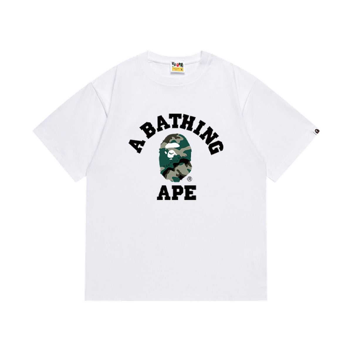 White graphic T-shirt, arched black lettering and green camouflage ape-head graphic, front view