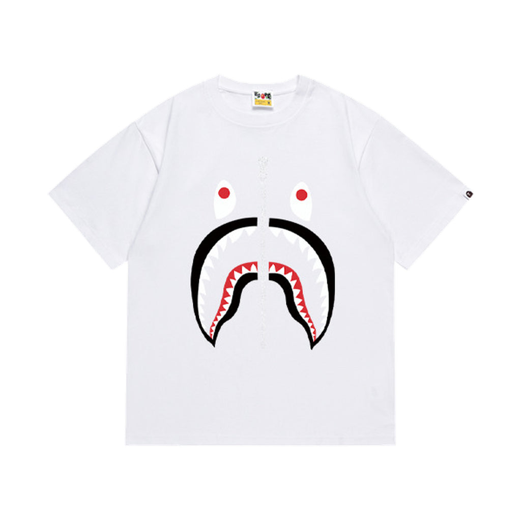 White graphic T-shirt, large red, black and white shark-face graphic, front view
