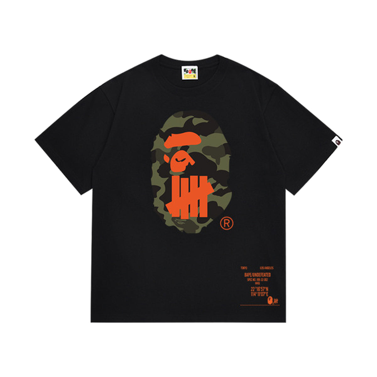 Black graphic T-shirt, olive camouflage ape-head graphic with orange tally-mark design and orange lettering on front and back, front view