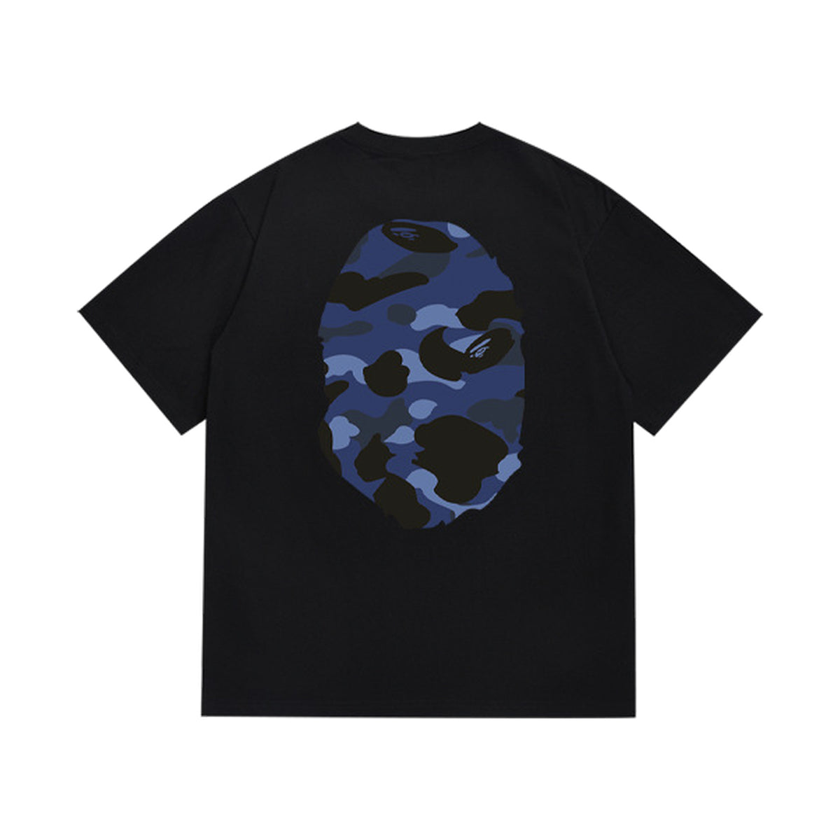 Black graphic T-shirt, large blue camouflage ape-head graphics on front and back, back view