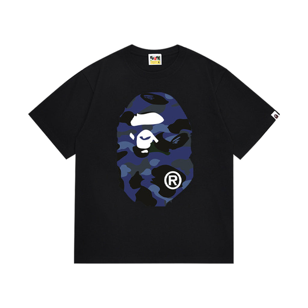 Black graphic T-shirt, large blue camouflage ape-head graphics on front and back, front view