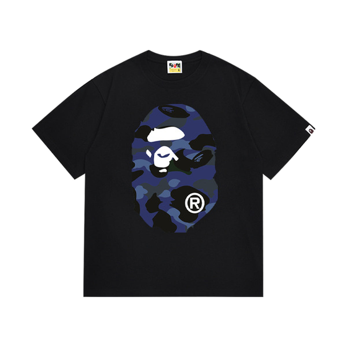 Black graphic T-shirt, large blue camouflage ape-head graphics on front and back, front view