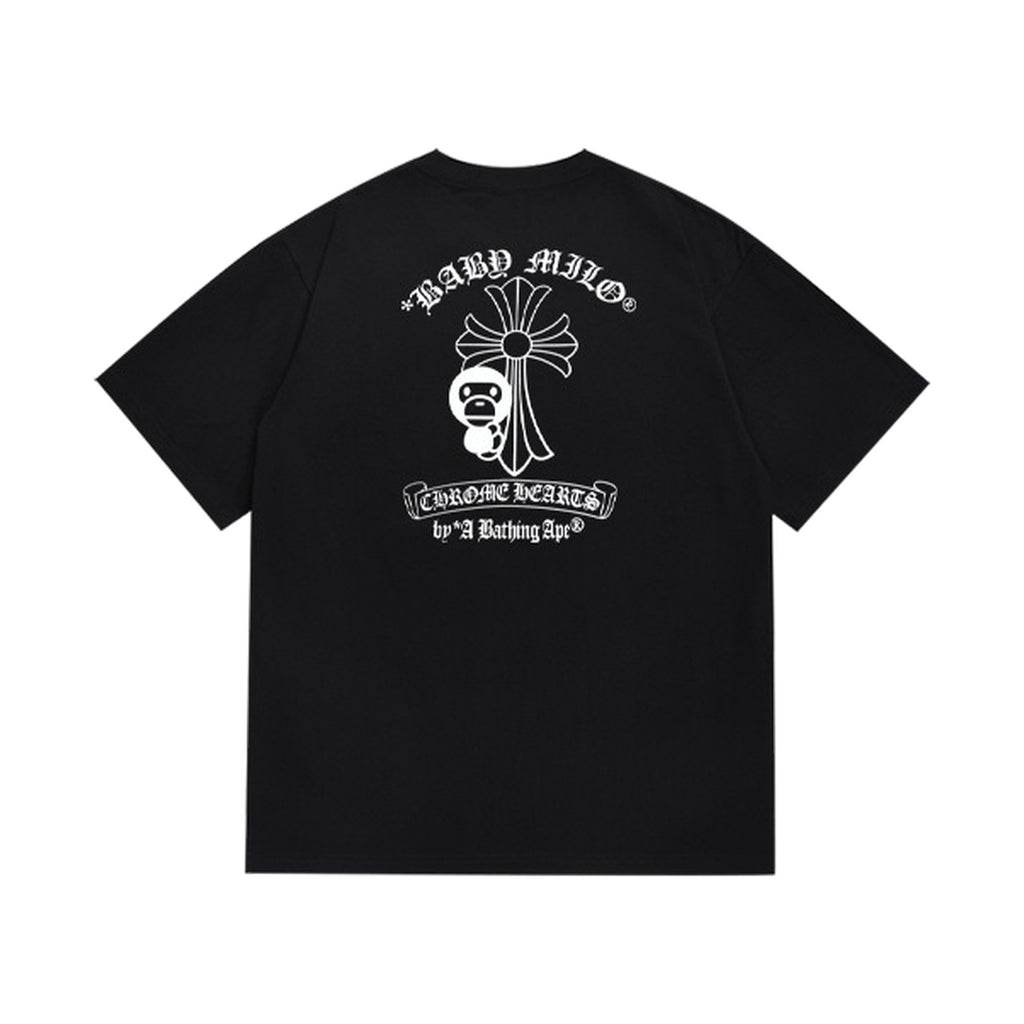 Black graphic T-shirt, cross graphic with gothic lettering, back view