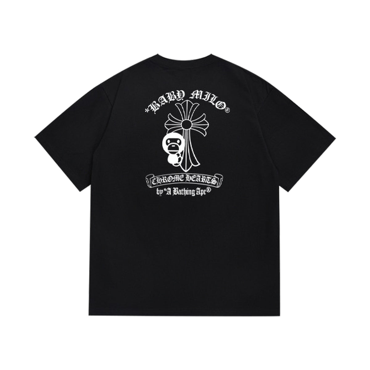 Black graphic T-shirt, cross graphic with gothic lettering, back view