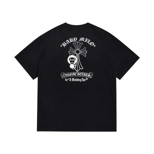 Black graphic T-shirt, cross graphic with gothic lettering, back view