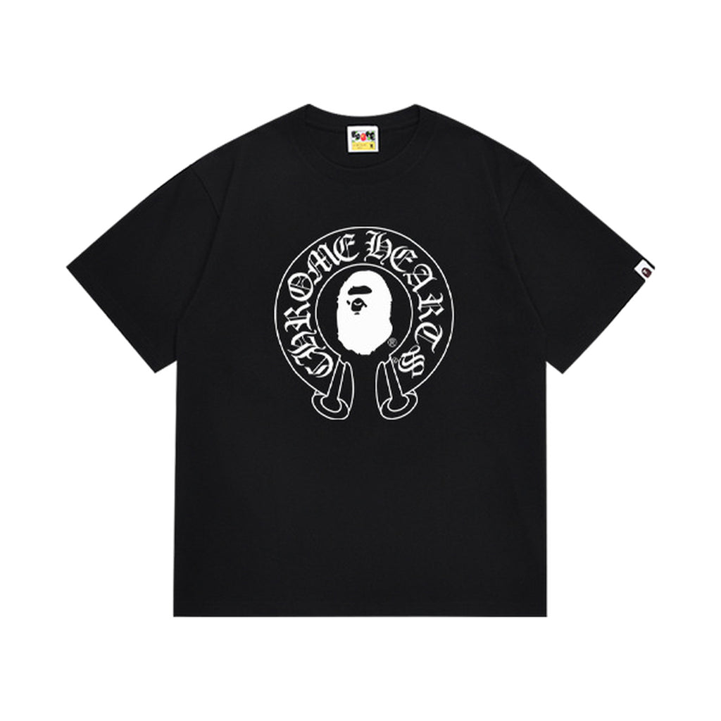 Black graphic T-shirt, white gothic circular ape graphic on front and cross graphic with lettering on back, front view