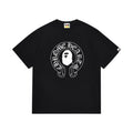 Black graphic T-shirt, white gothic circular ape graphic on front and cross graphic with lettering on back, front view