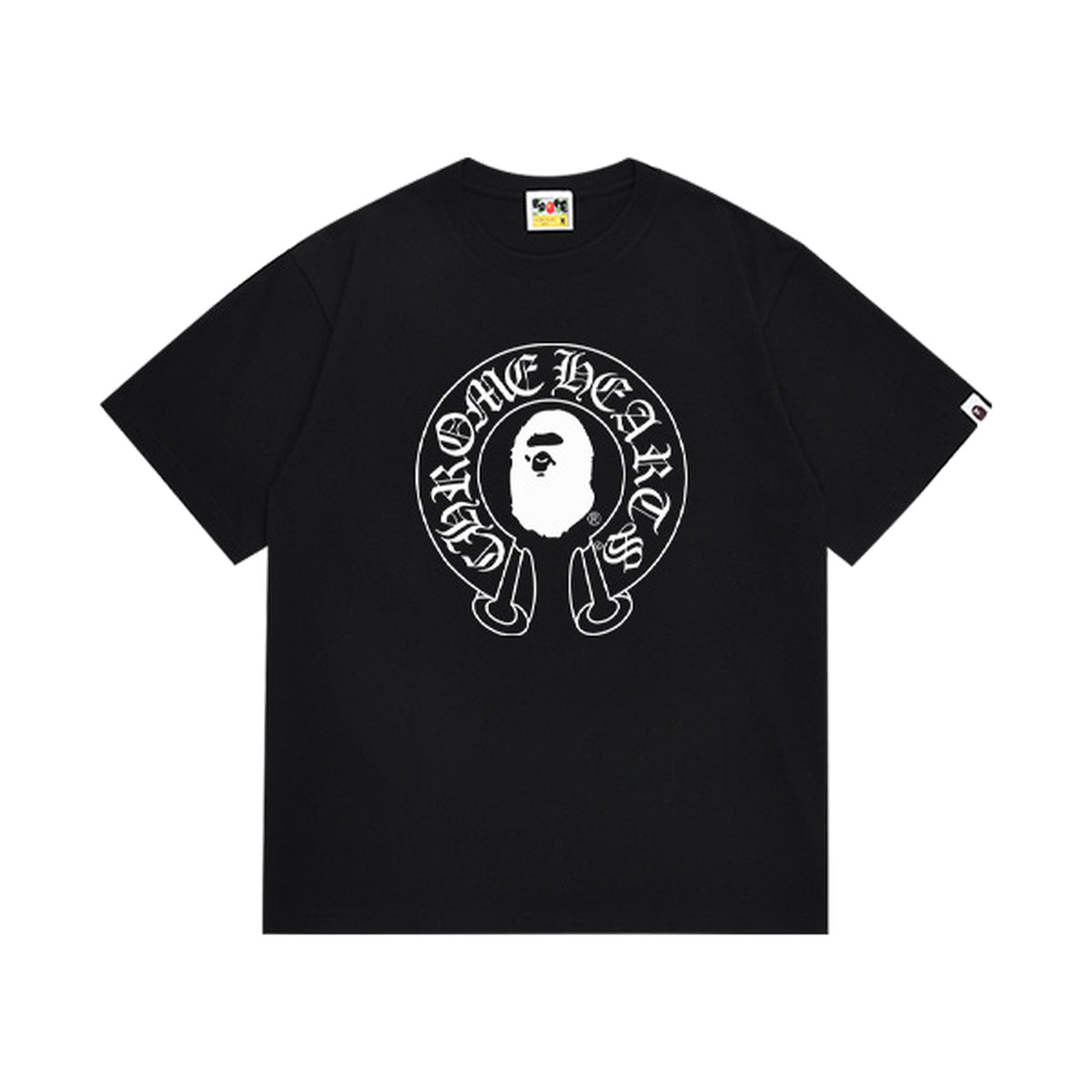 Black graphic T-shirt, white gothic circular ape graphic on front and cross graphic with lettering on back, front view