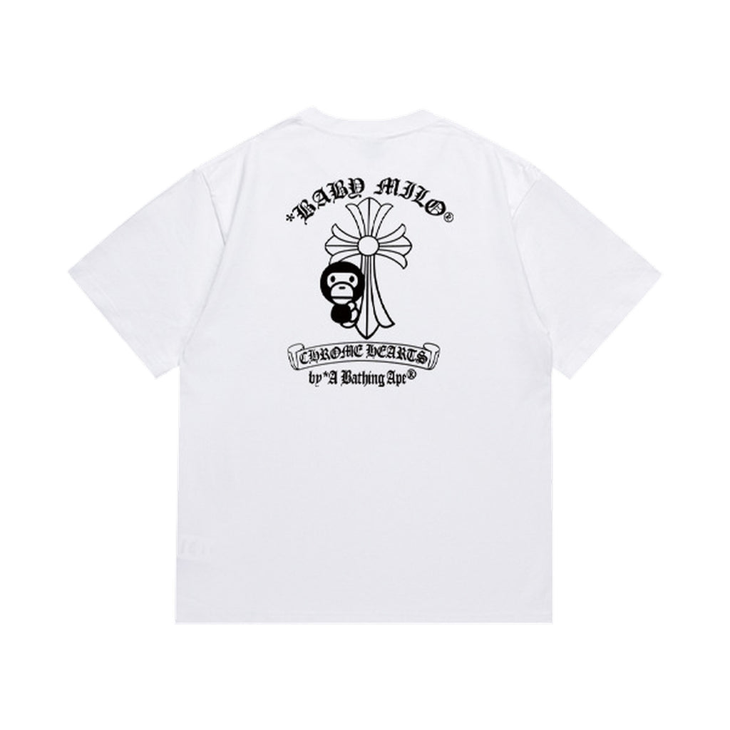 White graphic T-shirt, cross graphic with gothic lettering, back view