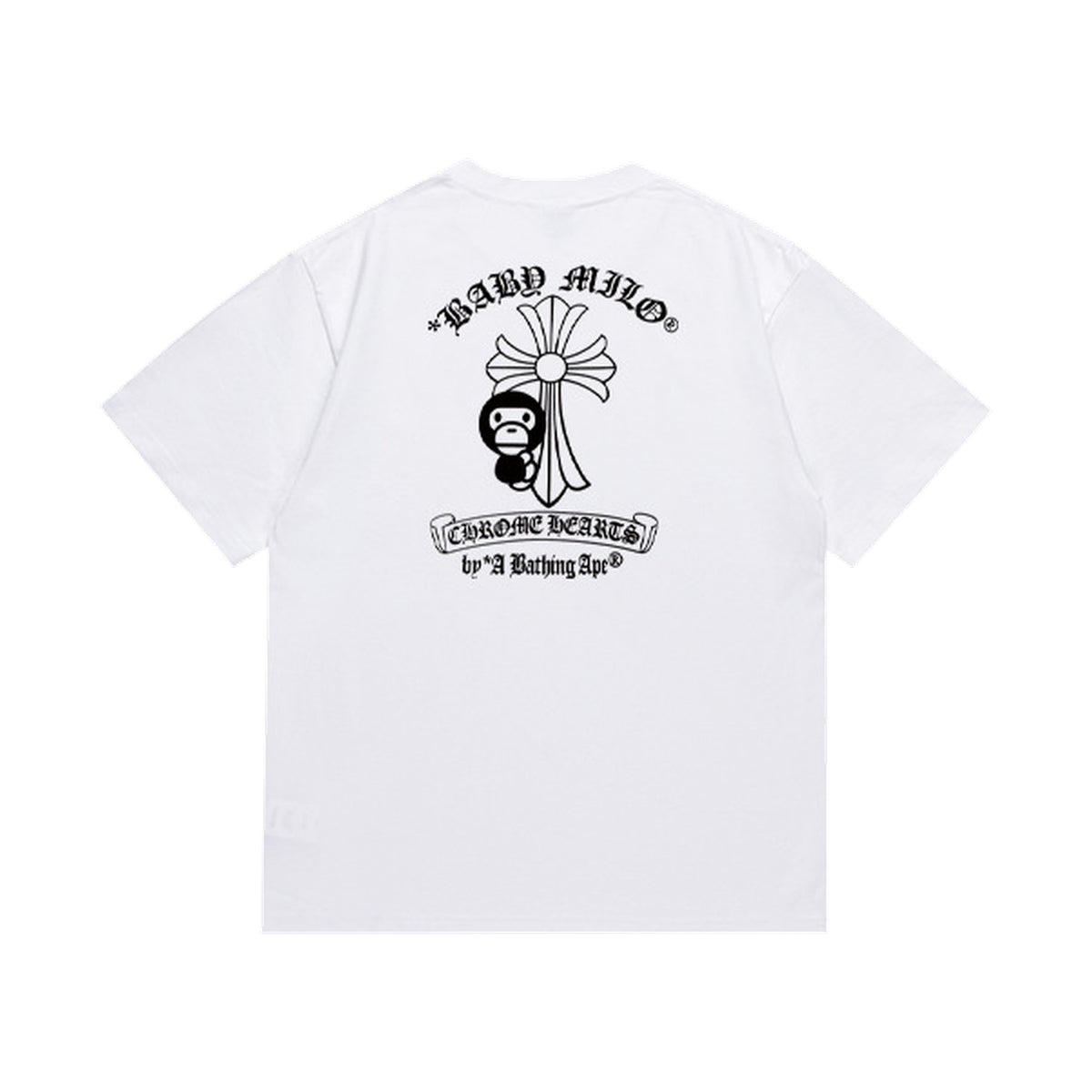 White graphic T-shirt, cross graphic with gothic lettering, back view