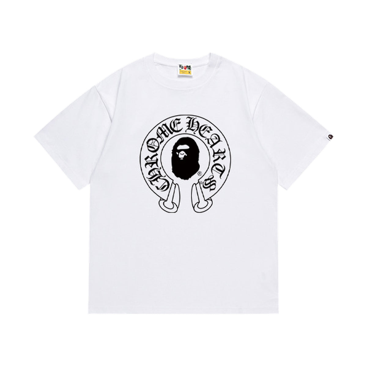 White graphic T-shirt, black gothic circular ape graphic on front and cross graphic with lettering on back, front view