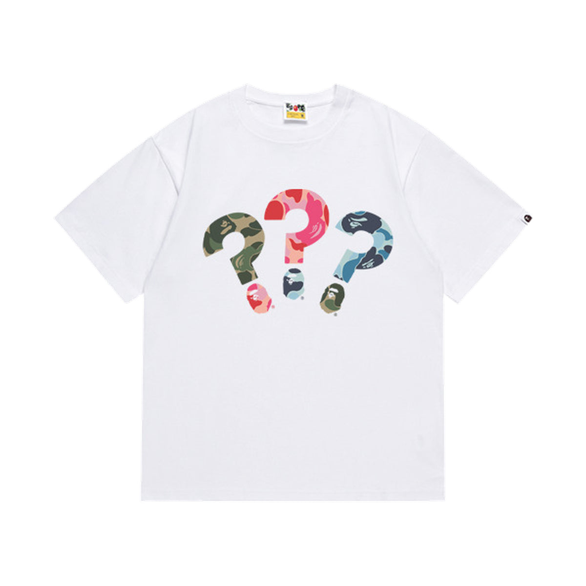 White graphic T-shirt, three multicolor camouflage question-mark graphics, front view