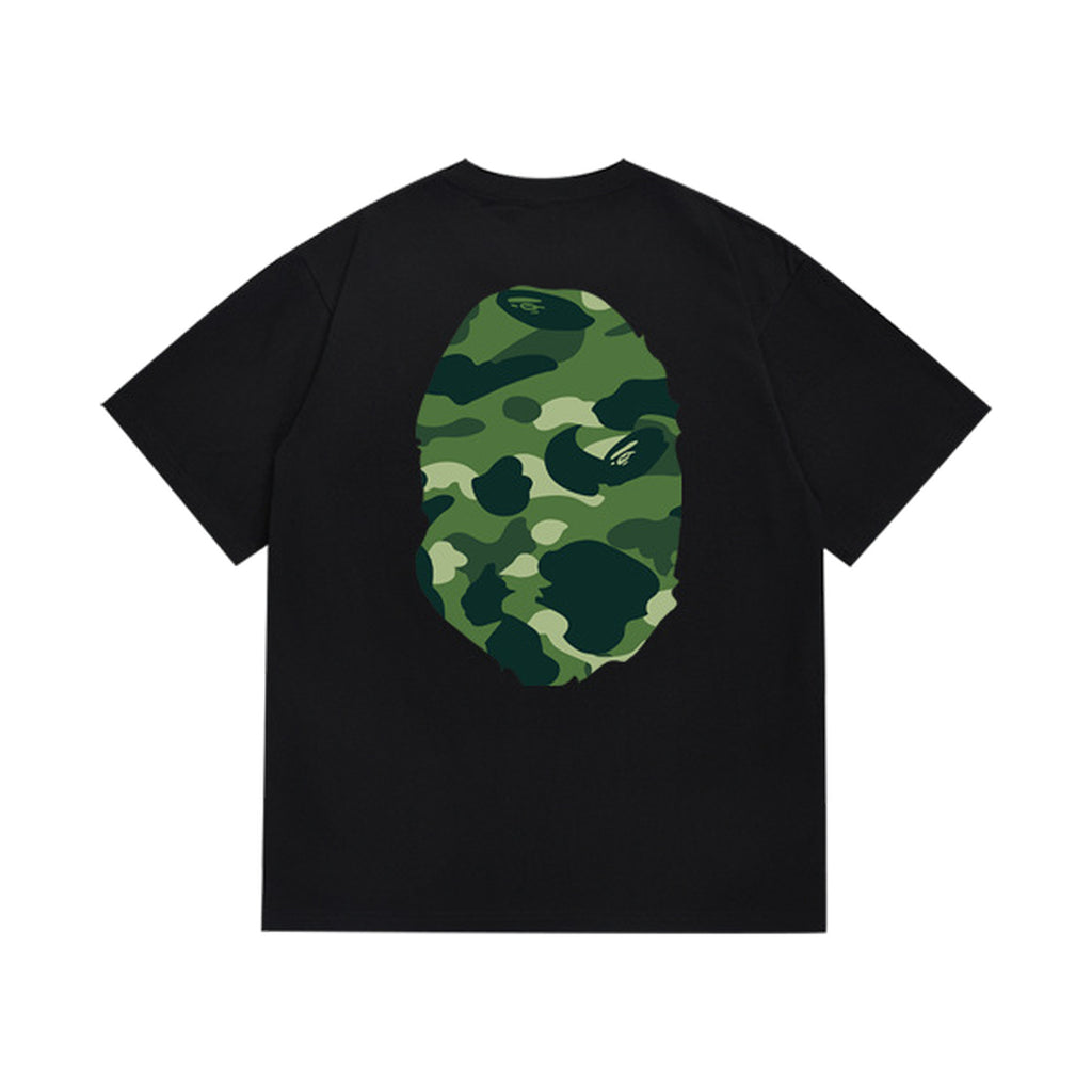 Black graphic T-shirt, large green camouflage ape-head graphics on front and back, back view