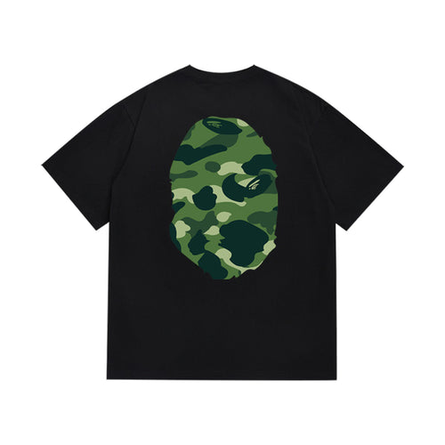 Black graphic T-shirt, large green camouflage ape-head graphics on front and back, back view