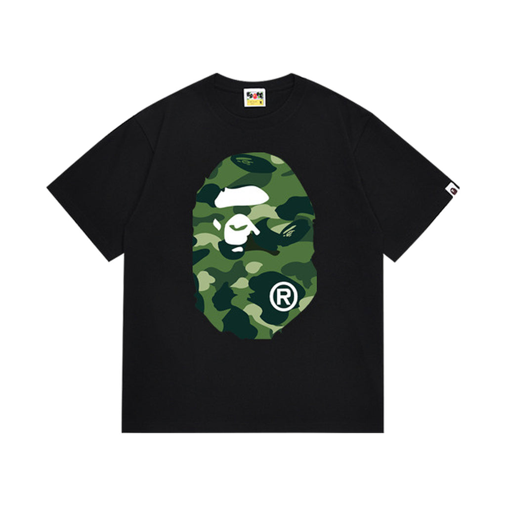 Black graphic T-shirt, large green camouflage ape-head graphics on front and back, front view