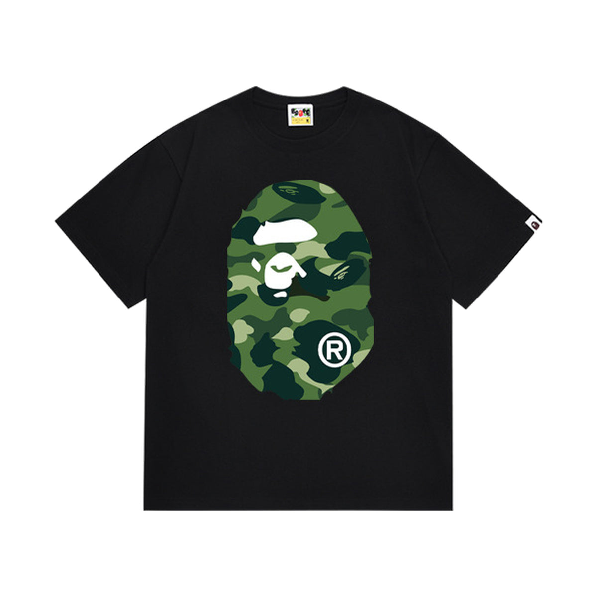 Black graphic T-shirt, large green camouflage ape-head graphics on front and back, front view