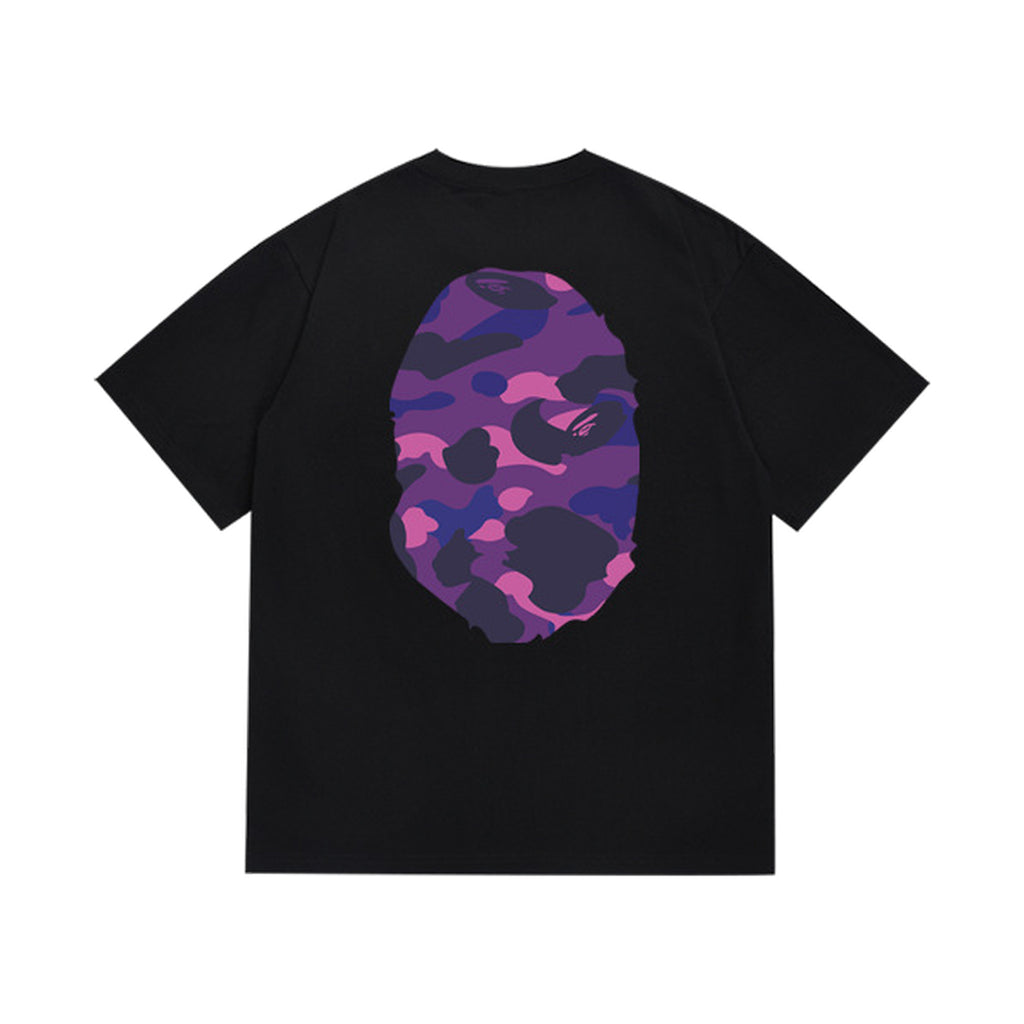 Black graphic T-shirt, large purple camouflage ape-head graphics on front and back, back view