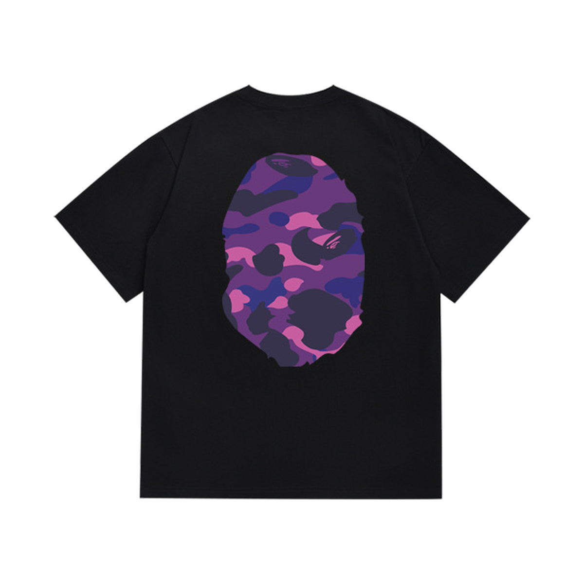 Black graphic T-shirt, large purple camouflage ape-head graphics on front and back, back view