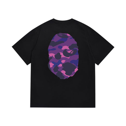 Black graphic T-shirt, large purple camouflage ape-head graphics on front and back, back view