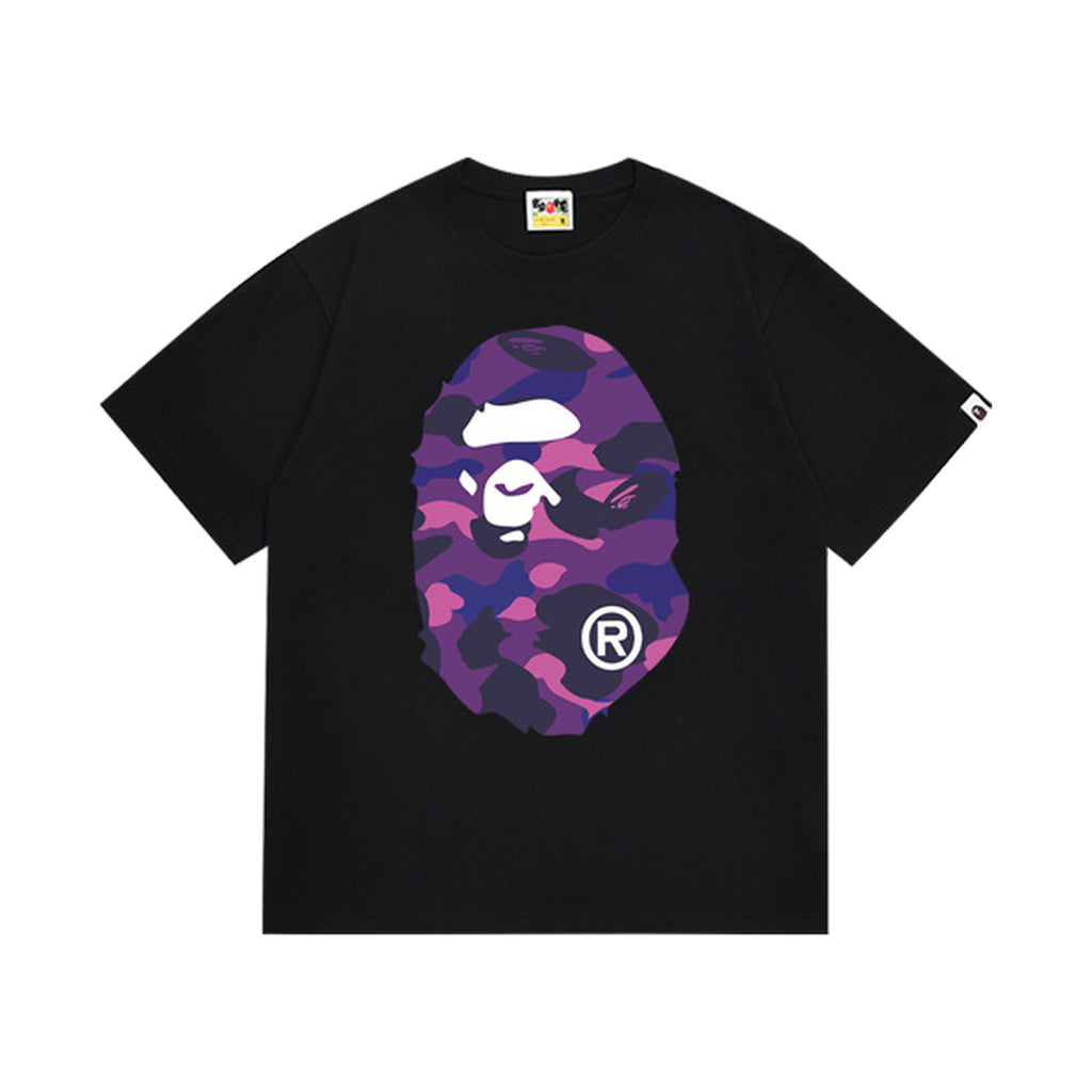 Black graphic T-shirt, large purple camouflage ape-head graphics on front and back, front view