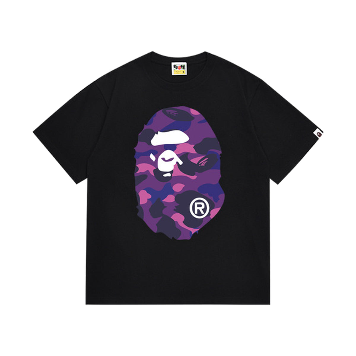 Black graphic T-shirt, large purple camouflage ape-head graphics on front and back, front view