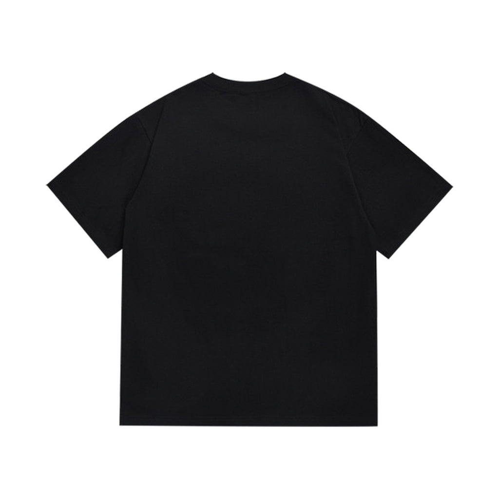 Black graphic T-shirt, plain back, back view