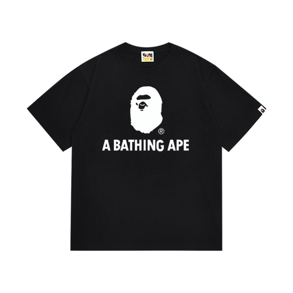 Black graphic T-shirt, small white ape-head graphic above white lettering, front view