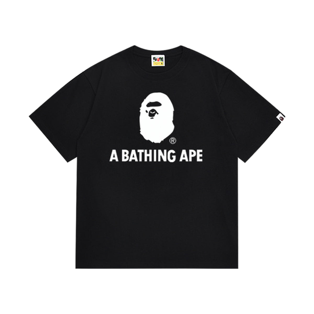 Black graphic T-shirt, small white ape-head graphic above white lettering, front view