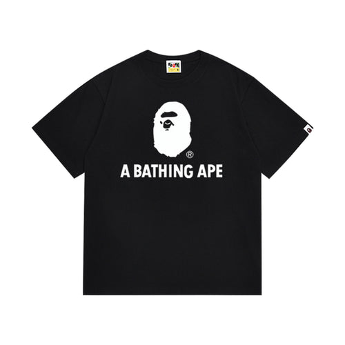 Black graphic T-shirt, small white ape-head graphic above white lettering, front view