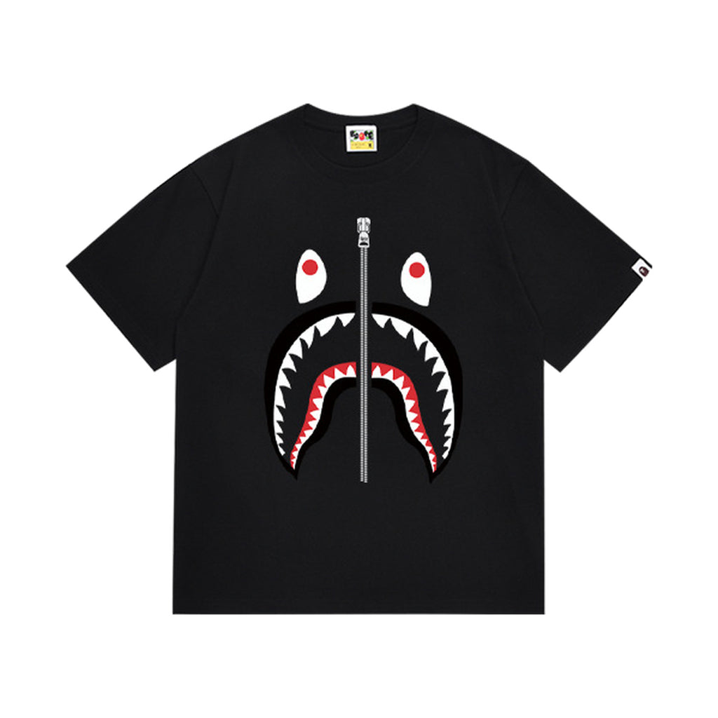 Black graphic T-shirt, large red, black and white shark-face graphic with a vertical zipper motif, front view