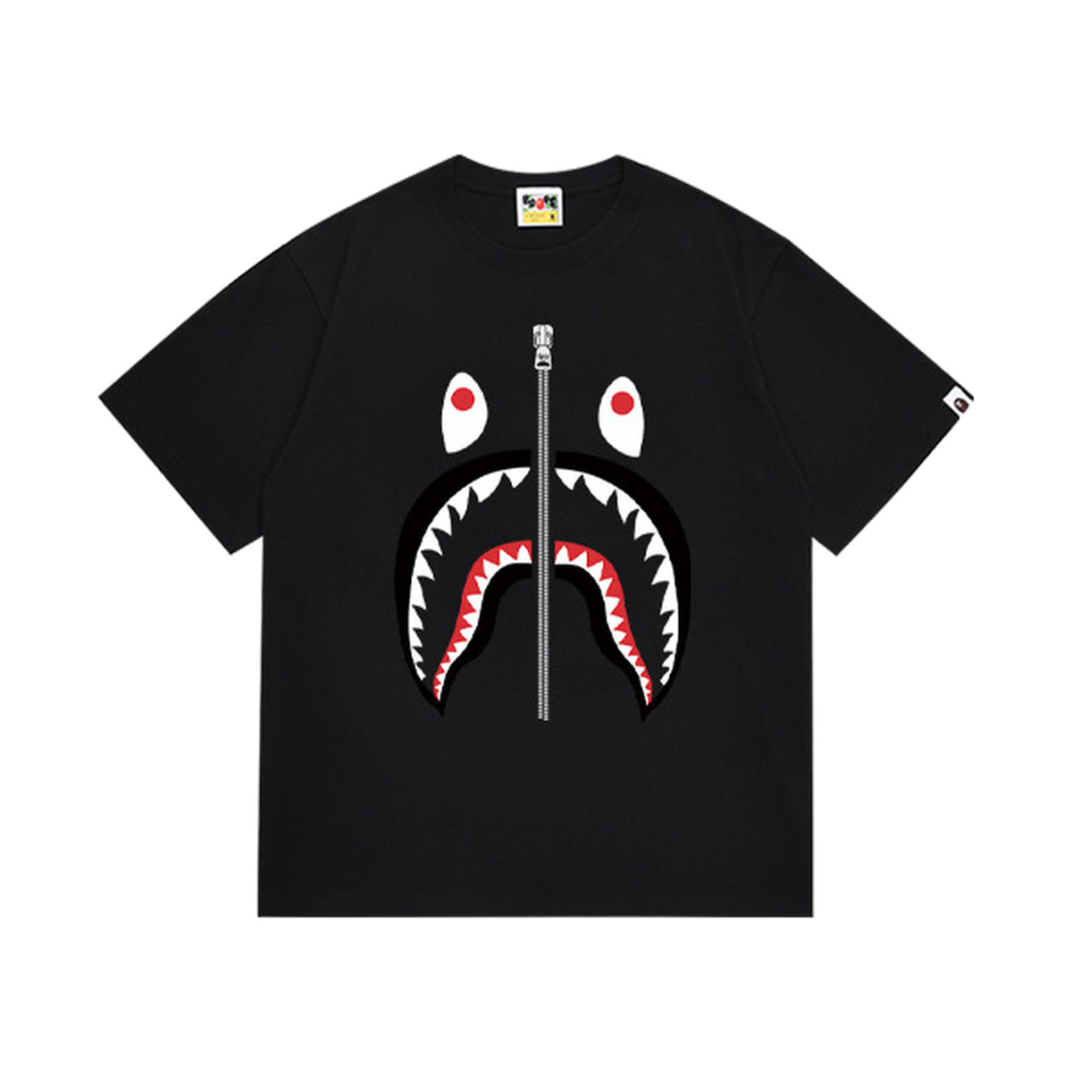 Black graphic T-shirt, large red, black and white shark-face graphic with a vertical zipper motif, front view