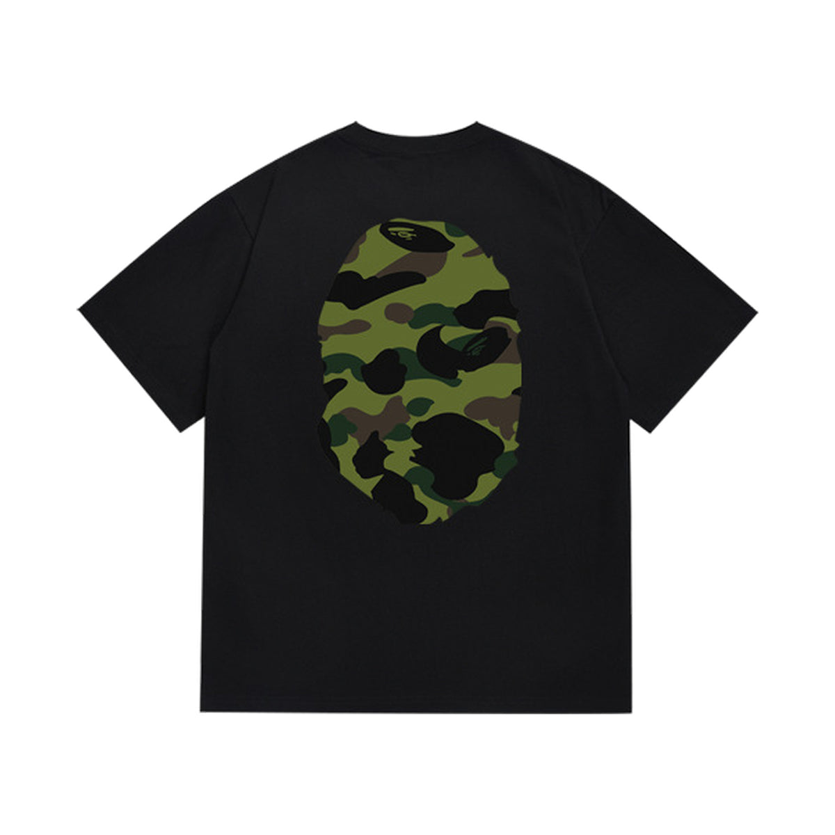 Black graphic T-shirt, large olive and black camouflage ape-head graphics on front and back, back view