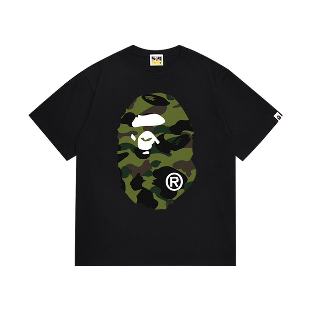 Black graphic T-shirt, large olive and black camouflage ape-head graphics on front and back, front view