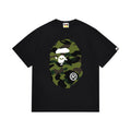 Black graphic T-shirt, large olive and black camouflage ape-head graphics on front and back, front view