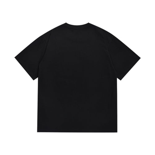 Black graphic T-shirt, plain back, back view