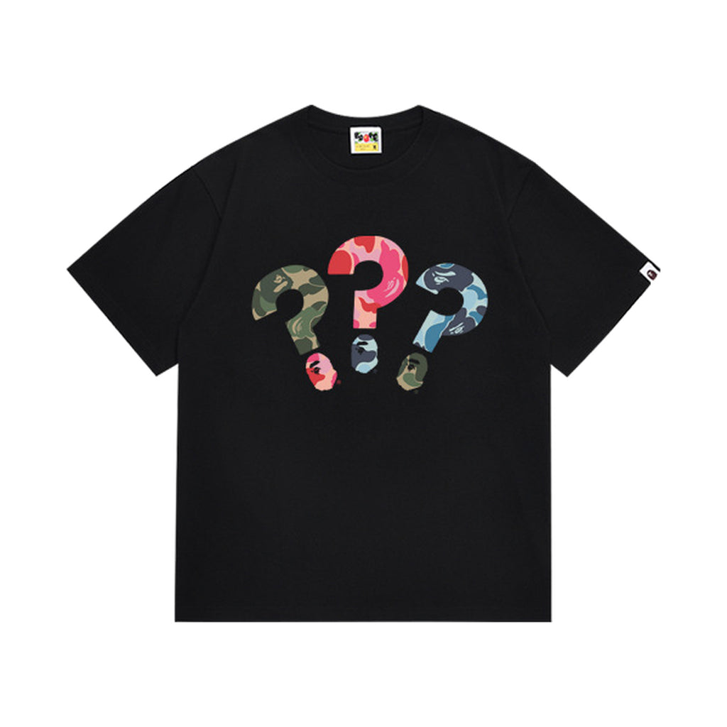 Black graphic T-shirt, three multicolor camouflage question-mark graphics, front view