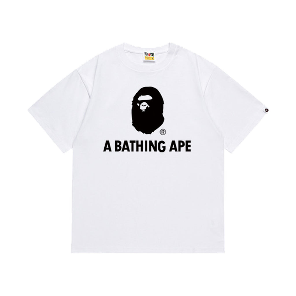 White graphic T-shirt, small black ape-head graphic above black lettering, front view