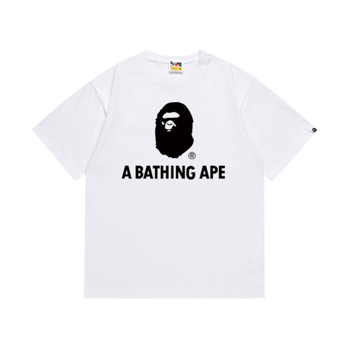 White graphic T-shirt, small black ape-head graphic above black lettering, front view