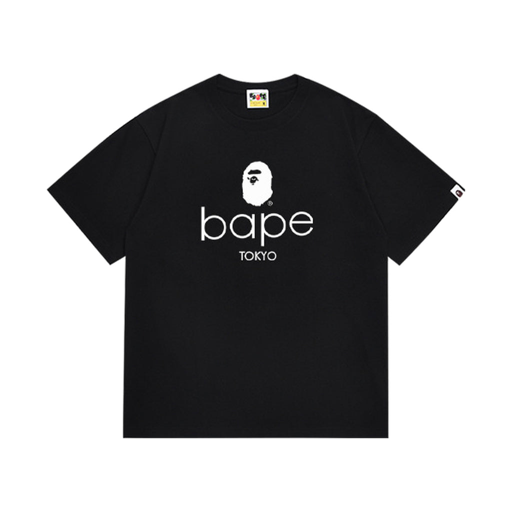 Black graphic T-shirt, white ape-head graphic above lowercase lettering and tokyo text, front view
