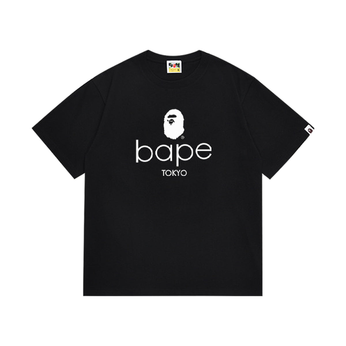 Black graphic T-shirt, white ape-head graphic above lowercase lettering and tokyo text, front view