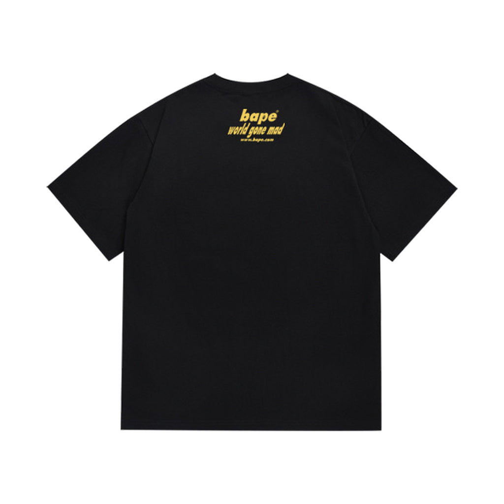 Black graphic T-shirt, small upper-back lettering, back view