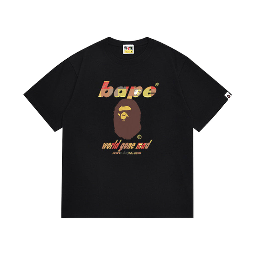 Black graphic T-shirt, brown and yellow ape-head graphic with multicolor lettering, front view