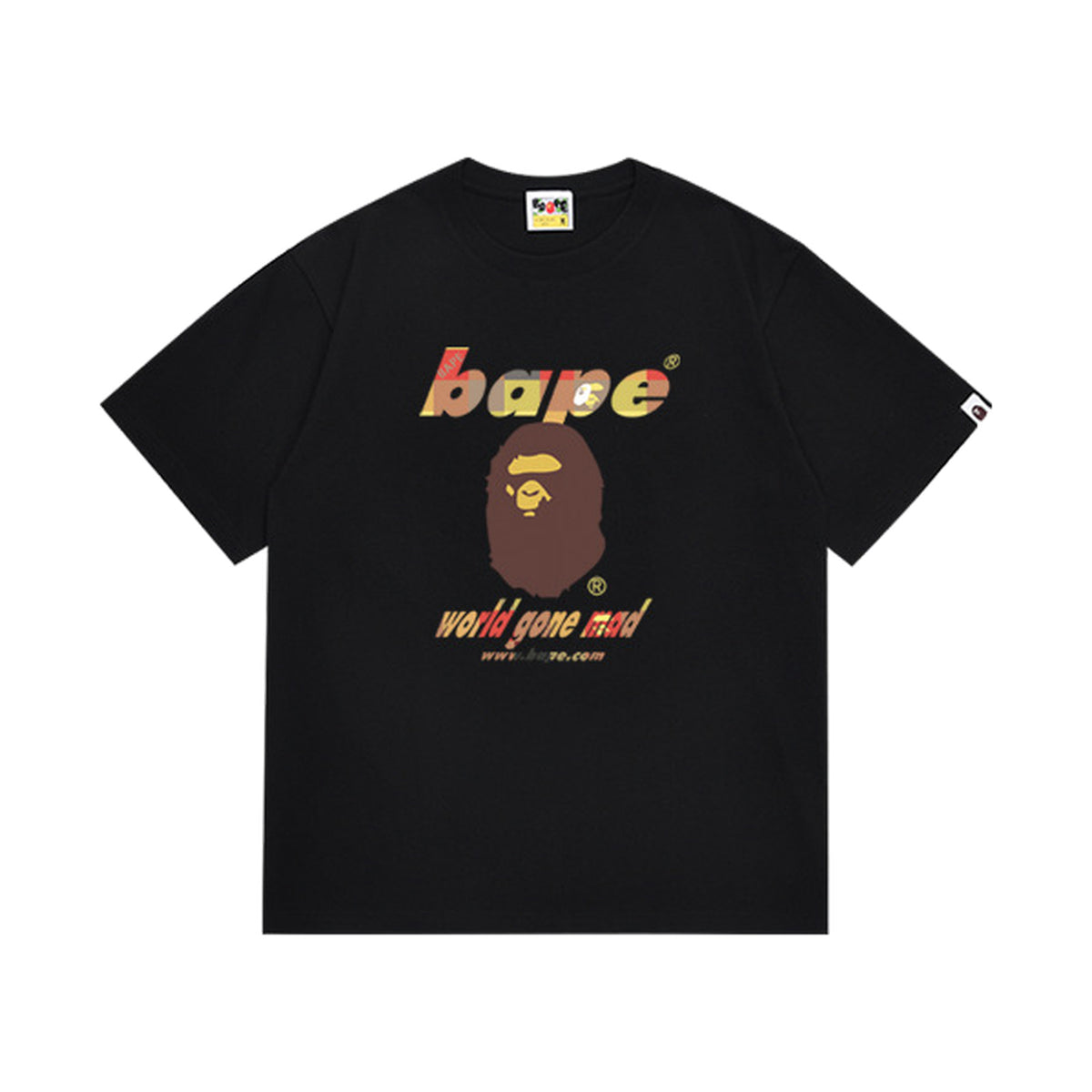 Black graphic T-shirt, brown and yellow ape-head graphic with multicolor lettering, front view