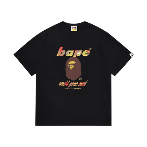 Black graphic T-shirt, brown and yellow ape-head graphic with multicolor lettering, front view